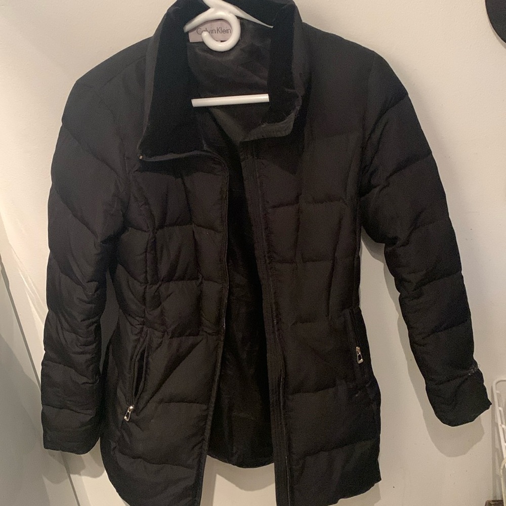Stunning Calvin Klein Designer Winter Down Filled Black Coat W/Gold Trim XS 🔥